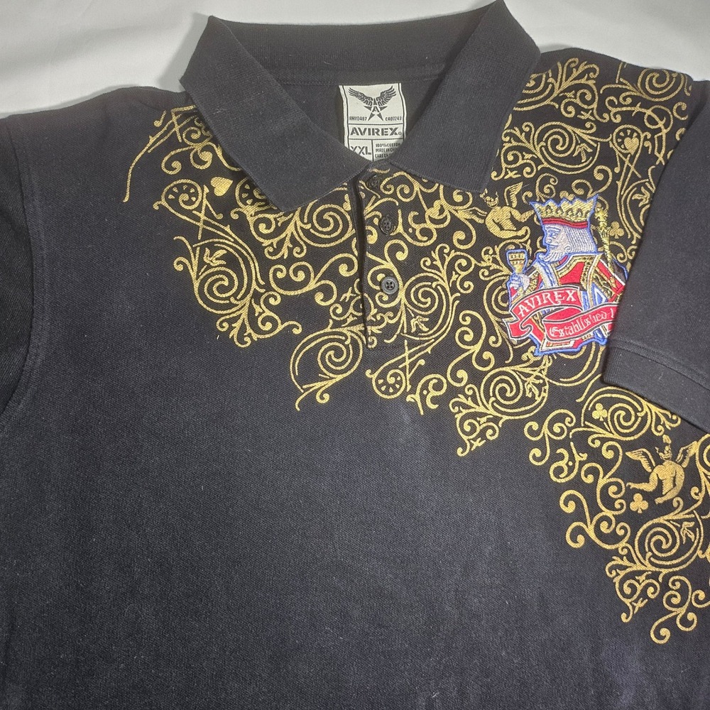 Avirex Mens Black Gold Foil Filigree King Embroidered Polo Shirt XXL RN113487